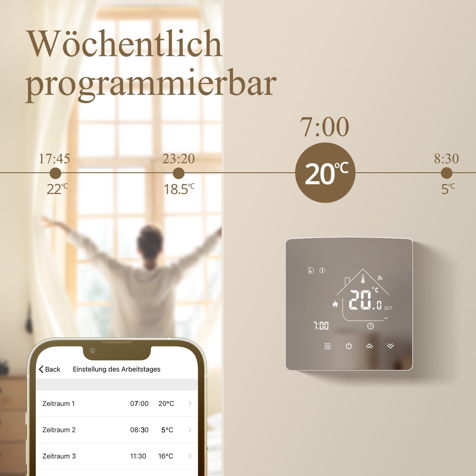 Beok Spiegel Thermostat Fussbodenheizung Smart, WiFi Raumthermostat Heizungsthermostat mit Digitales LCD Wandthermostat für Wasser Fußbodenheizung Kompatibel Tuya, Alexa,Google Home 3A TGR85WIFI-WP 4