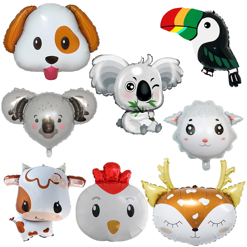 ZPSOSPZ Cartoon Animal Aluminium Film Balloon,8PCS Jungle Animal Balloons Set Safari Animal Balloons Jungle Theme Party Decor Kids' Party Balloons Cute Koala Cow Lamb Dog Butterfly Helium Balloon