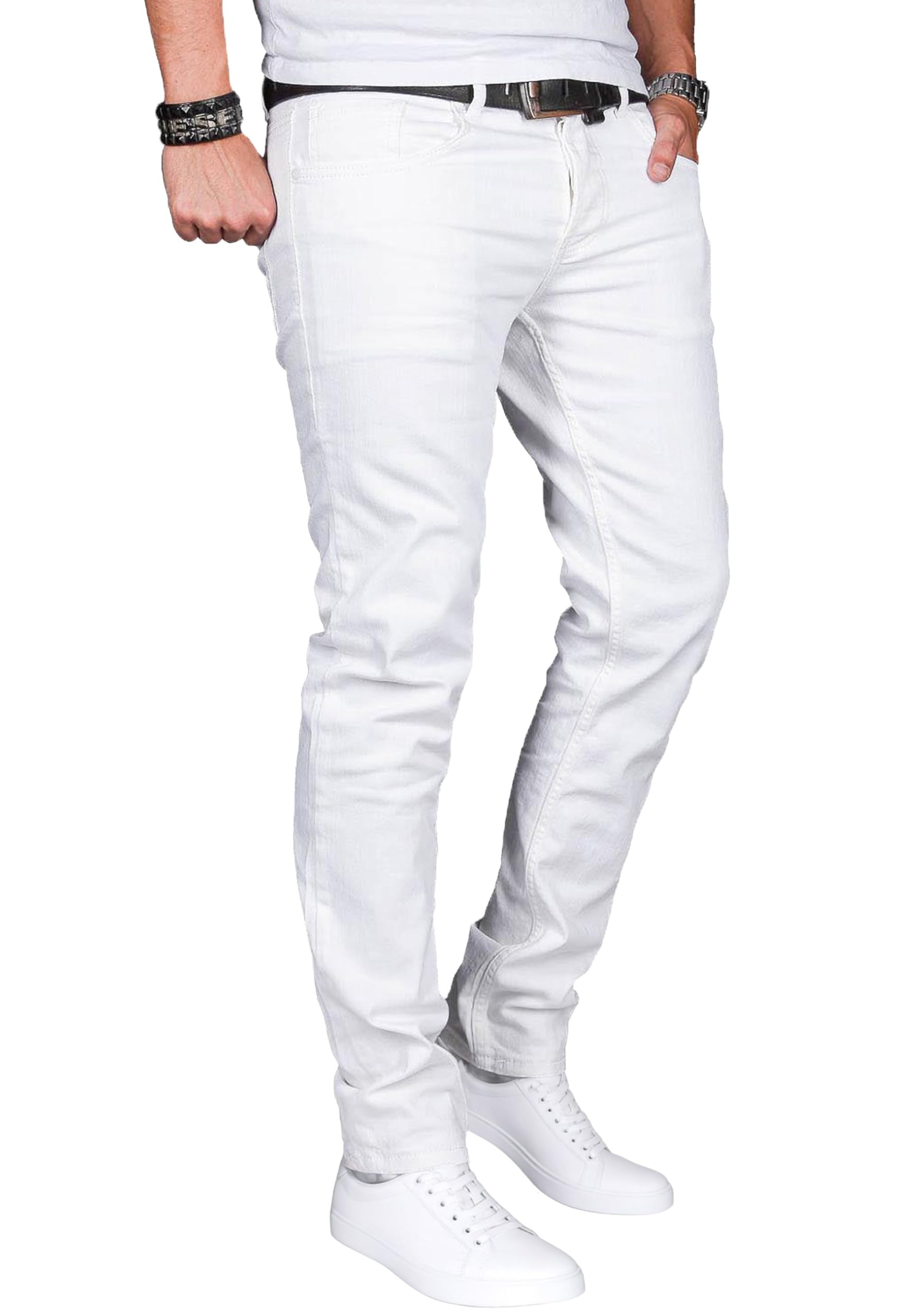 ALESSANDRO SALVARINI Herren Slim Fit Jeans Hose Denim Stretch-Jeans Jeanshose Washed [AS040 - Weiss - W34 L32] 2
