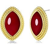 18K Gold Plated Maroon Red Carnelian Wine Round Oval Ribbed Button Long Dangle Chunky Statement Earrings for Women by SNGIA, Bold Handmade Exaggerated Dome Retro Rounded Button Trendy Bohemian Gemstone Stud Jewelry Gifts, Unique Vintage Baroque Stone Summer Beach Fashion Earrings Accessories, Thick Circular Nickle Free Huggies Earrings.