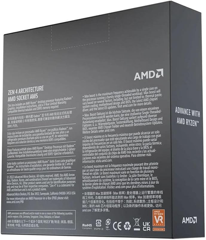 Ryzen 5 7600X Prozessor (intergrierte Radeon Grafik, 6 Kerne/12 Threads, 105W TDP,AM5 Sockel, 38MB cache, Bis zu 5.3 GHz max boost, Kein Kühler)
