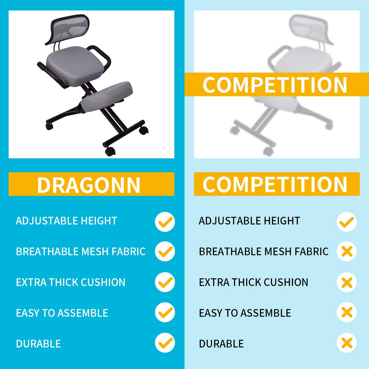DRAGONN Ergonomic Kneeling Chair with Back Support, Adjustable Stool