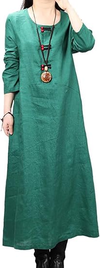 Amazon Co Jp Yitong レディース ワンピース 亜麻 リネンドレス チュニック 無地 フロッグボタン 丸首 レトロ 長袖 ロングワンピース マキシ丈 春夏 薄手 涼しい 韓国風 Aライン 服 ファッション小物