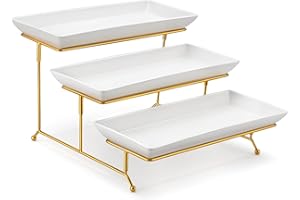 MALACASA 3 Tier Serving Trays for Party, 14 Inch Porcelain White Trays for Serving Food, Dessert Stand with Collapsible Gold 