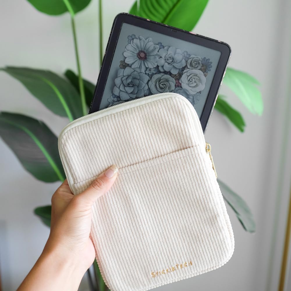 StickieTech Kindle Sleeve - Cute Corduroy 8x6.25 inch Case, Cream Kindle Pouch, 2 Pockets - Compatible with 6-7 inch E-Readers, Ideal Travel Sleeve