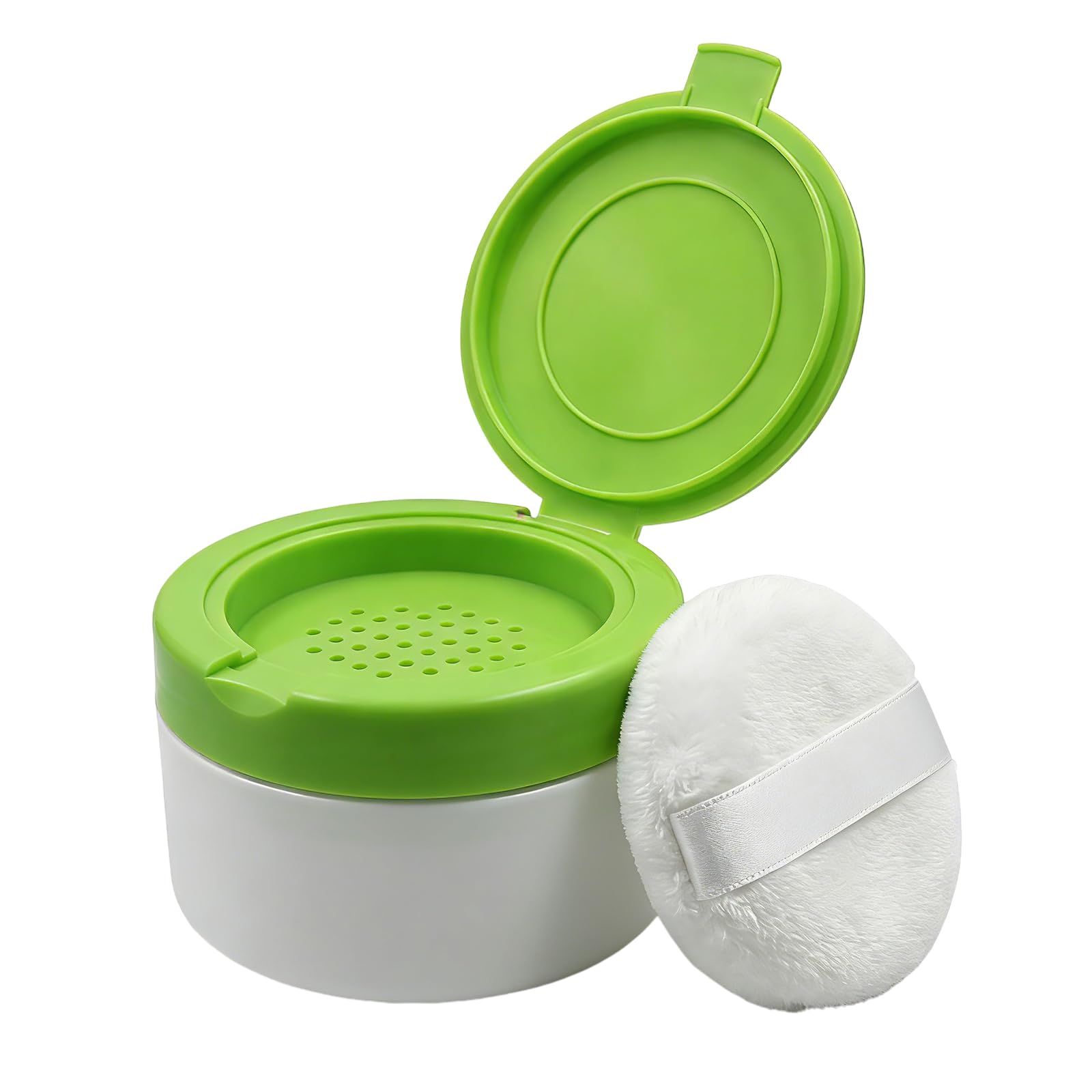 White Plastic Empty Baby Powder Puff Case with Green Sifter Lid Refillable Baby After-Bath Talcum Powder Jar Dispenser Portable Beauty Baby Skin Care Powder Container for Home and Travel