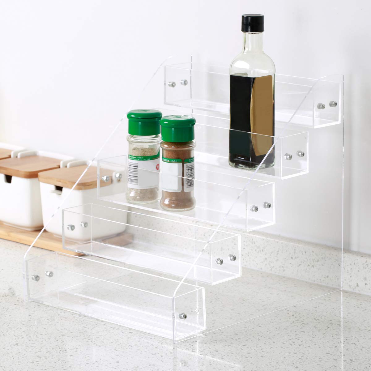 BANBLUE Acrylic Spice Rack Organizer - 5 Tiers Kitchen Seasoning Shelf Stand Holder ＆ Chalkboard Lables (40 pcs) Storage Stickers for Jars