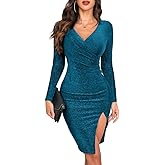 oten Women's Sparkly Deep V Neck Long Sleeve Ruched Bodycon Slit Cocktail Party Club Night Out Slim Fit Glitter Dresses
