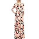 Pxmoda Women's Spring Fashion Printed Long Dress Three Quarter Sleeve Empire Flower Floor-Length Dress (2XL, Pink)