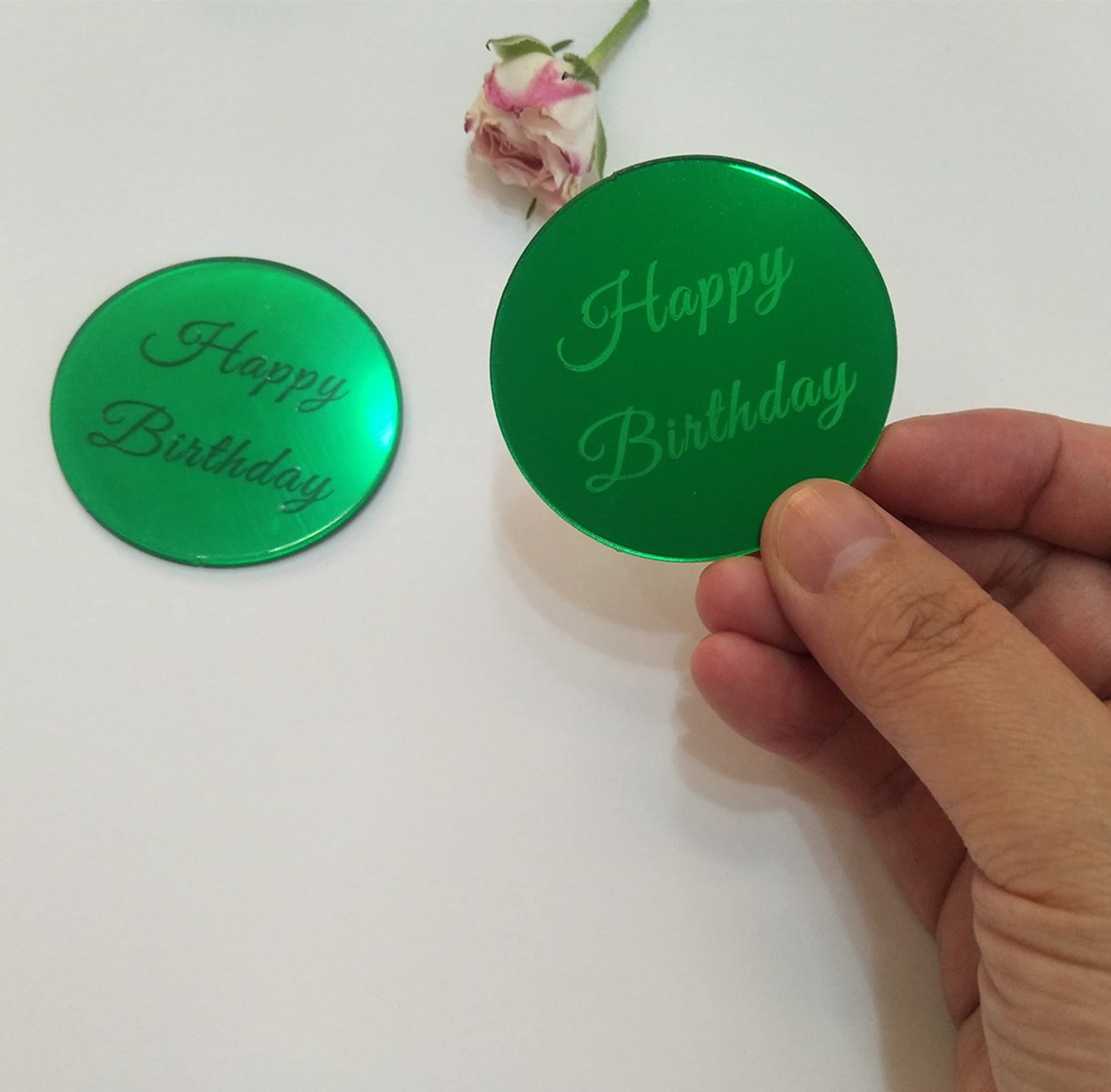 12pcs Mirrored Happy Birthday Cake Disc Cupcake Toppers, Acrylic Cake Charm, Engraved Topper,Mini Acrylic Cake Toppers (Green Mirror)