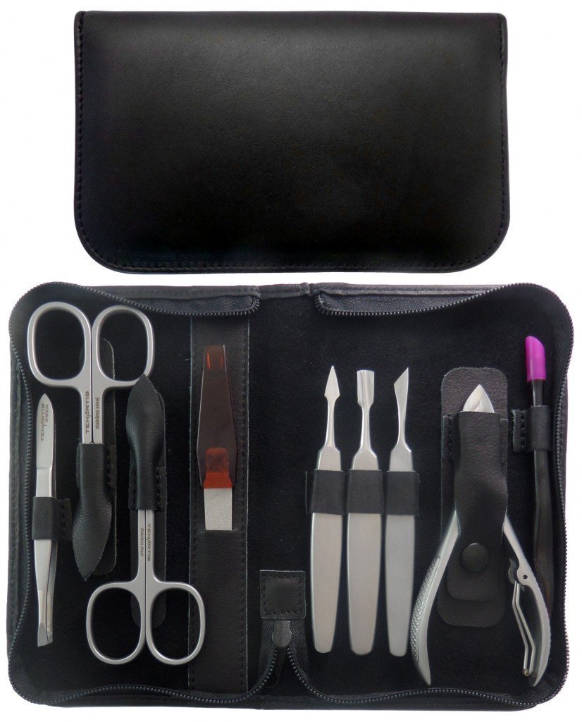 Tenartis 393 Stainless Steel 9-Piece Black Nappa Genuine Leather Manicure & Pedicure Set with Zipper - Made in Italy