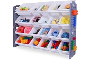 UNiPLAY Toy Organizer with 20 Removable Storage Bins, Multi-Bin Organizer for Books, Building Blocks, School Materials, Toys with Baseplate Board Frame (Gray)