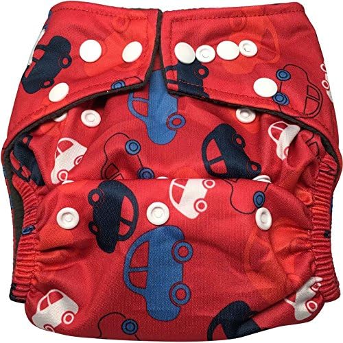 Happy Playful 1 Baby Cloth Diaper All in One One Size Bamboo Charcoal Best for Baby's Soft Skin + 1 FREE Bamboo Charcoal Insert (5 Layers Thick). Machine Washable, Reusable, Adjustable (Red Cars)