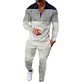 Kubsid Size S White Navy Color Block with Strip 2024 Men's Polo Sweatsuit Set Long Sleeve 2 Piece Outfit Fashion Jogging Track Suit Comfy Casual Set for Men