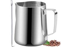 HZJSPXC Milk Frother Cup, 12oz (350ml) Milk Frothing Pitcher Metal 304 Stainless Steel Steamer Cup, Coffee Milk Cappuccino Latte Art Barista Steaming Pitcher Espresso Jug with Decorating Pen