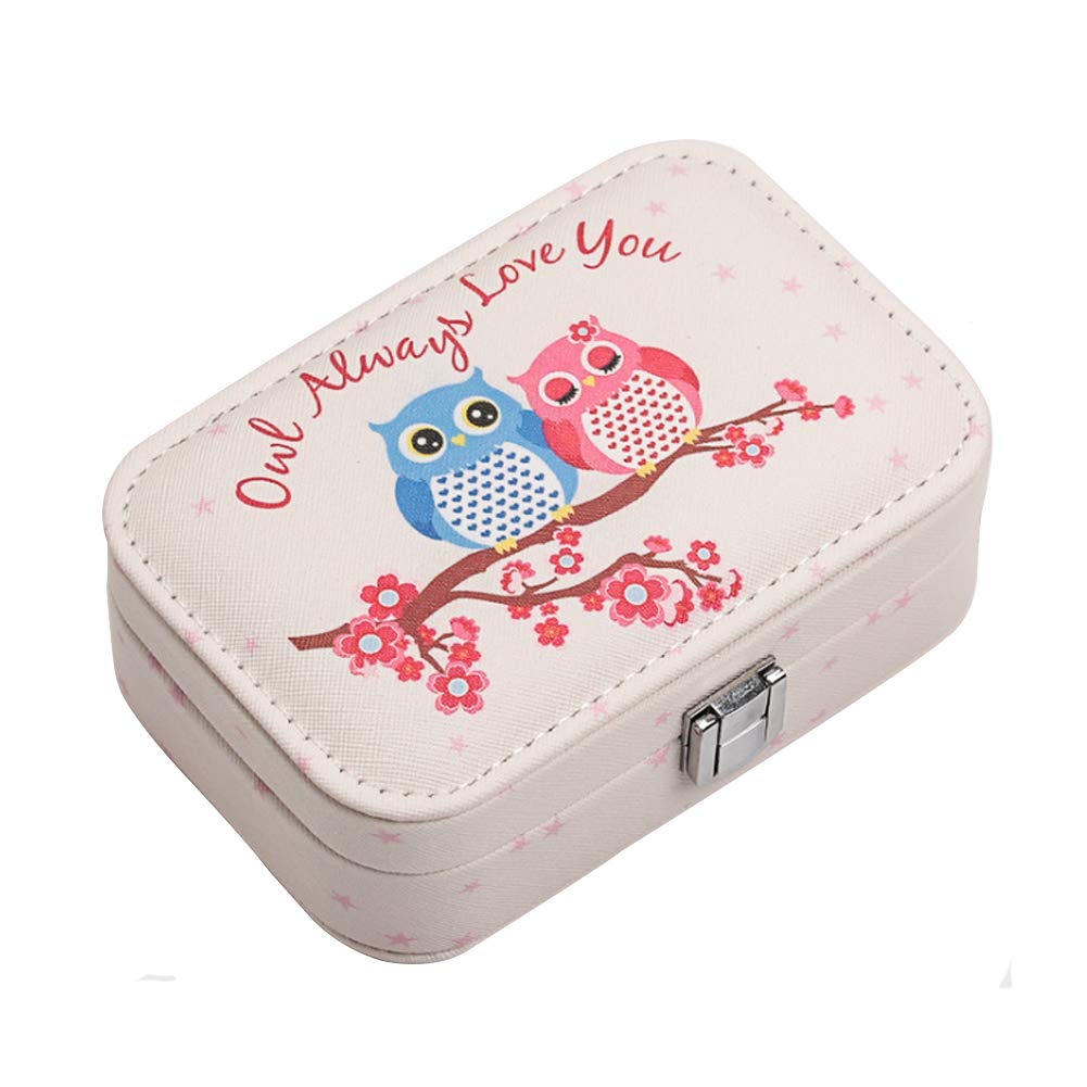 LKMY Jewellery Boxes Small PU Leather Travel Jewelry Box,Built-in Mirror,Makeup and Accessories Lockable Storage Organizer Case for Women Girls’Rings,Earrings,Necklace (Owl D)