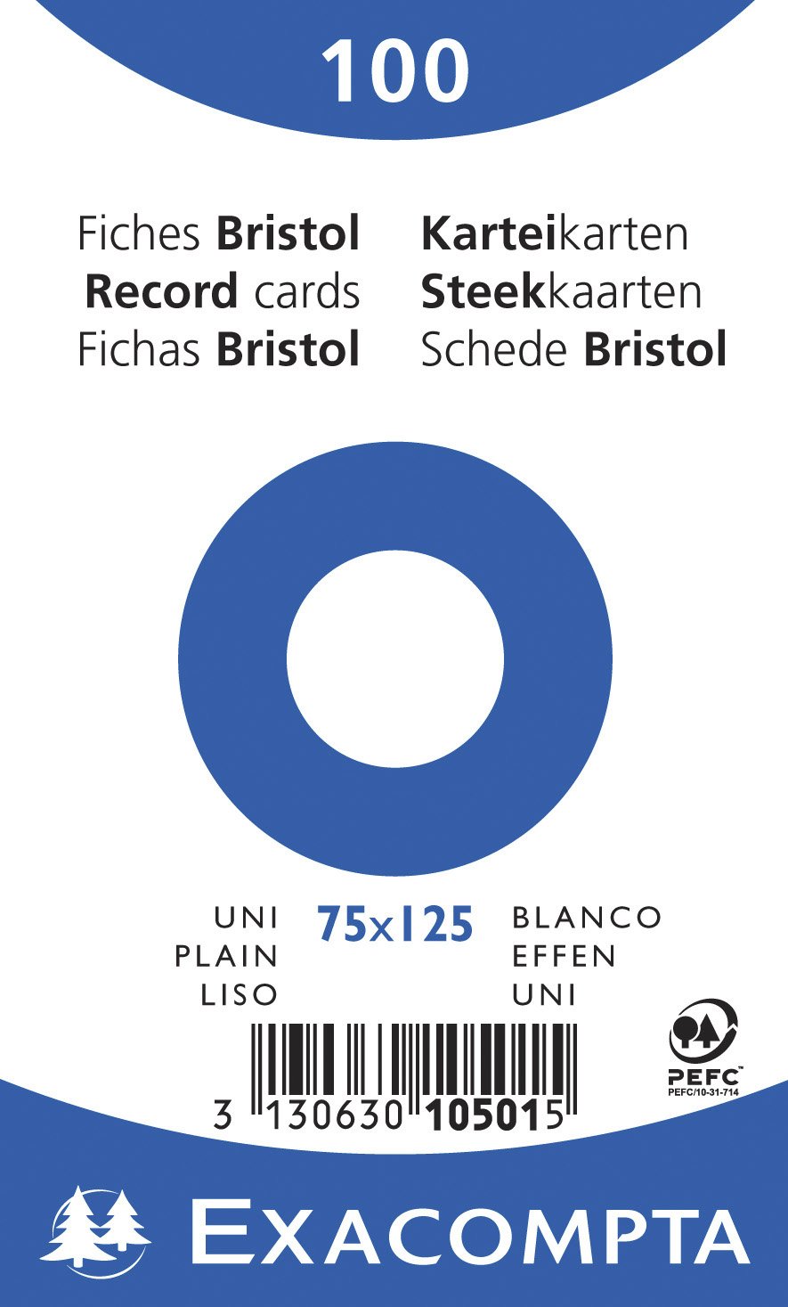 Exacompta - Ref 10501E - Bristol Plain Record Cards (Pack of 100) - 75 x 125mm in Size, 205gsm Card, Compatible with Printers - Suitable for Exam Revision & Notes - White