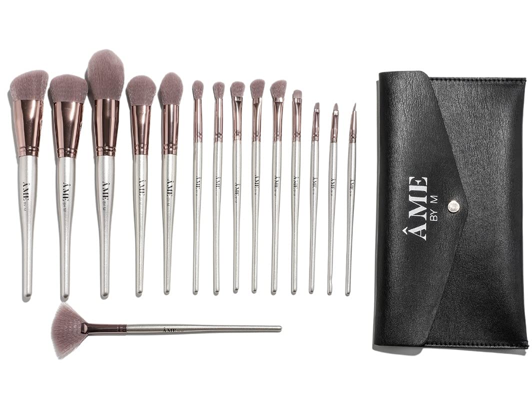 15PCS Champagne Gold Professional Vegan Synthetic Makeup Brush Set with Travel Clutch Makeup Bag ÂME BY M Foundation Powder Concealer Highlighter Eye Shadow Blush Lip Liquid Blending Cosmetic Brushes