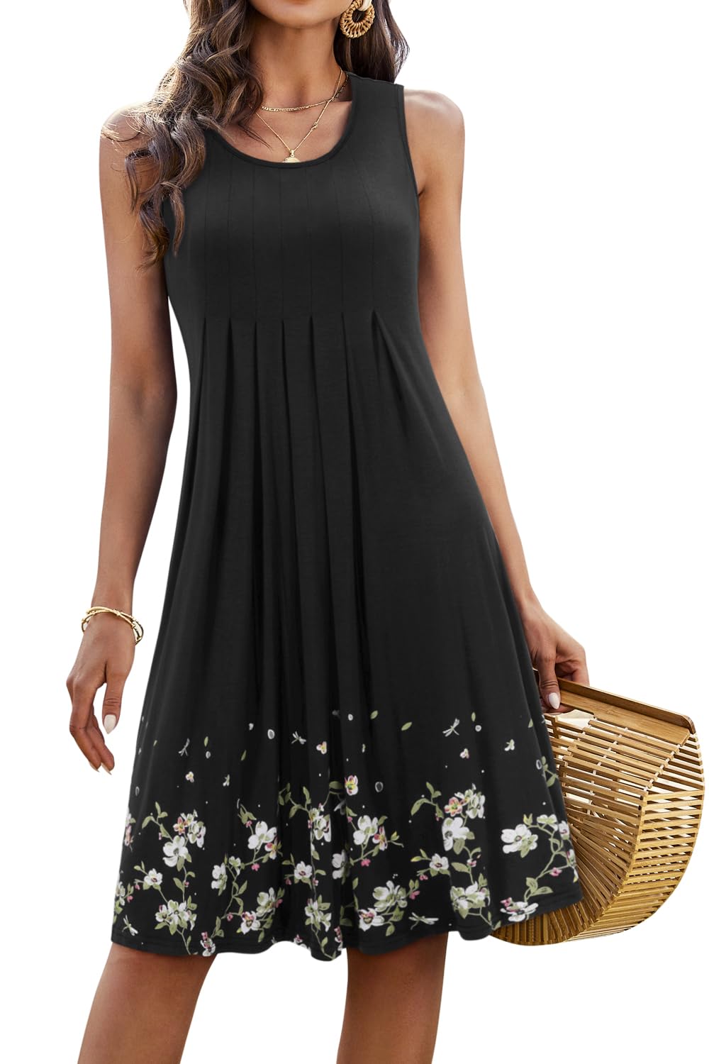 Photo 1 of (MEDIUM) (BAGGED) KILIG Summer Dresses for Women Casual Beach Sundress 2025 Sleeveless Floral Pleated Midi Vacation Sun Dress(Black,M)
