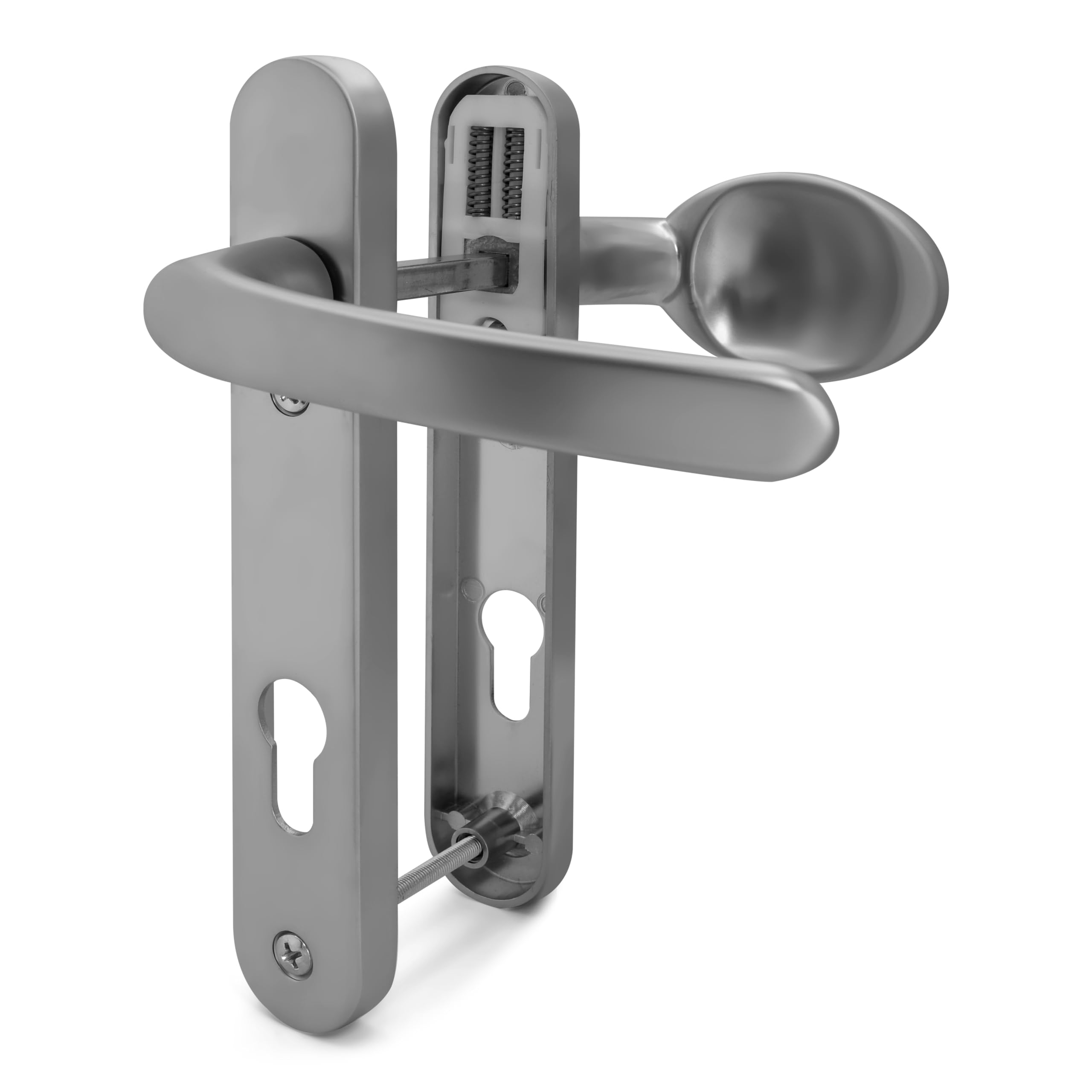 TSS Silver UPVC Door Handle Pair Set, Sprung, 92mm PZ (Centres), Lever Moveable Pad, 122mm Screw to Screw (Screw centres), Backplate 212mm x 34mm - Replacement PVC Door Handle in Silver