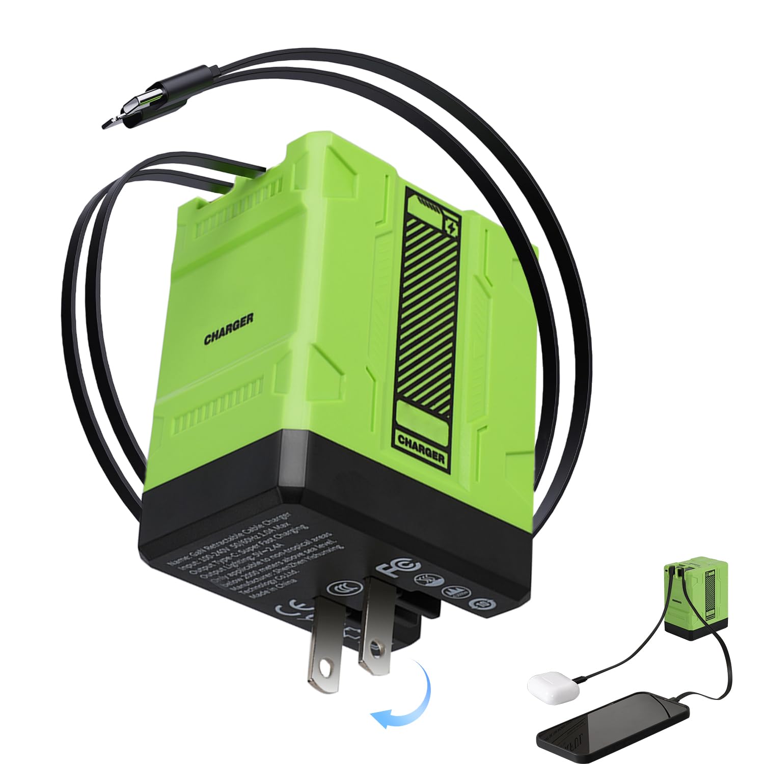 Photo 1 of 2 in 1 GaN Charger 120w, New Scalable Retractable 120w Fast Charger Module, All in 1 Foldable Charging Adapter Wall Plug for Phone, Tablet, Laptops (Green)