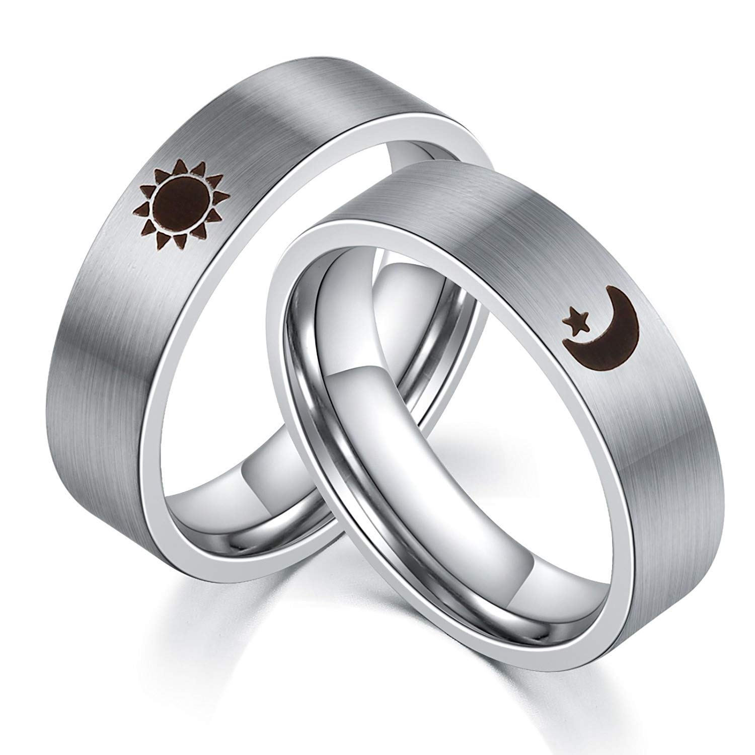XAHH Sun and Moon Star Rings Couples Ring Stainless Steel Promise Wedding Bands for Him and Her,Silver【Please Buy 2 Rings for 1 Pair】