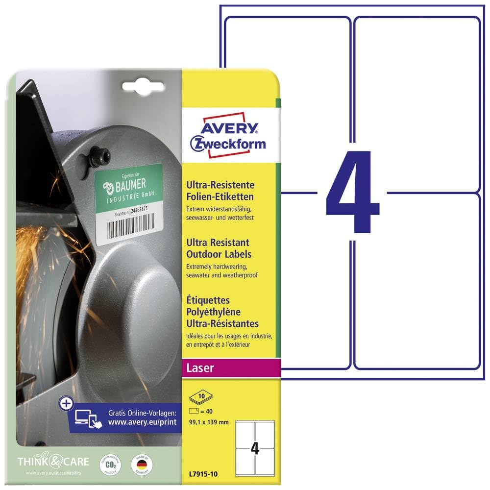 Avery Zweckform l7915 10 Ultra Poly Film Labels (Pack of 20 Sheets – 99.1 x 139 mm 10 Sheets White