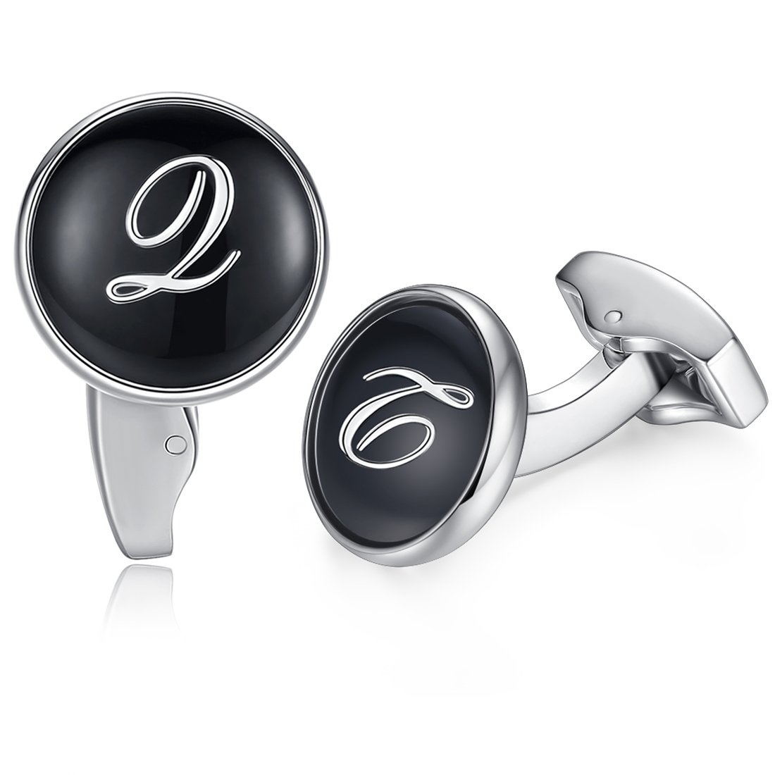 HONEY BEAR Initial Alphabet Letter Cufflinks for Men, Black Round Shape Wedding Business Gift A - Z (Q)