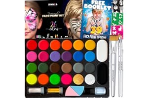 Zenovika Face Painting Kit for Kids - 26 Colors Face Paint Kit, Non-Toxic and Hypoallergenic, Stencils, Book, and Professional Halloween Makeup Kit - Safe and Easy to Use Face Paint Kit for Kids