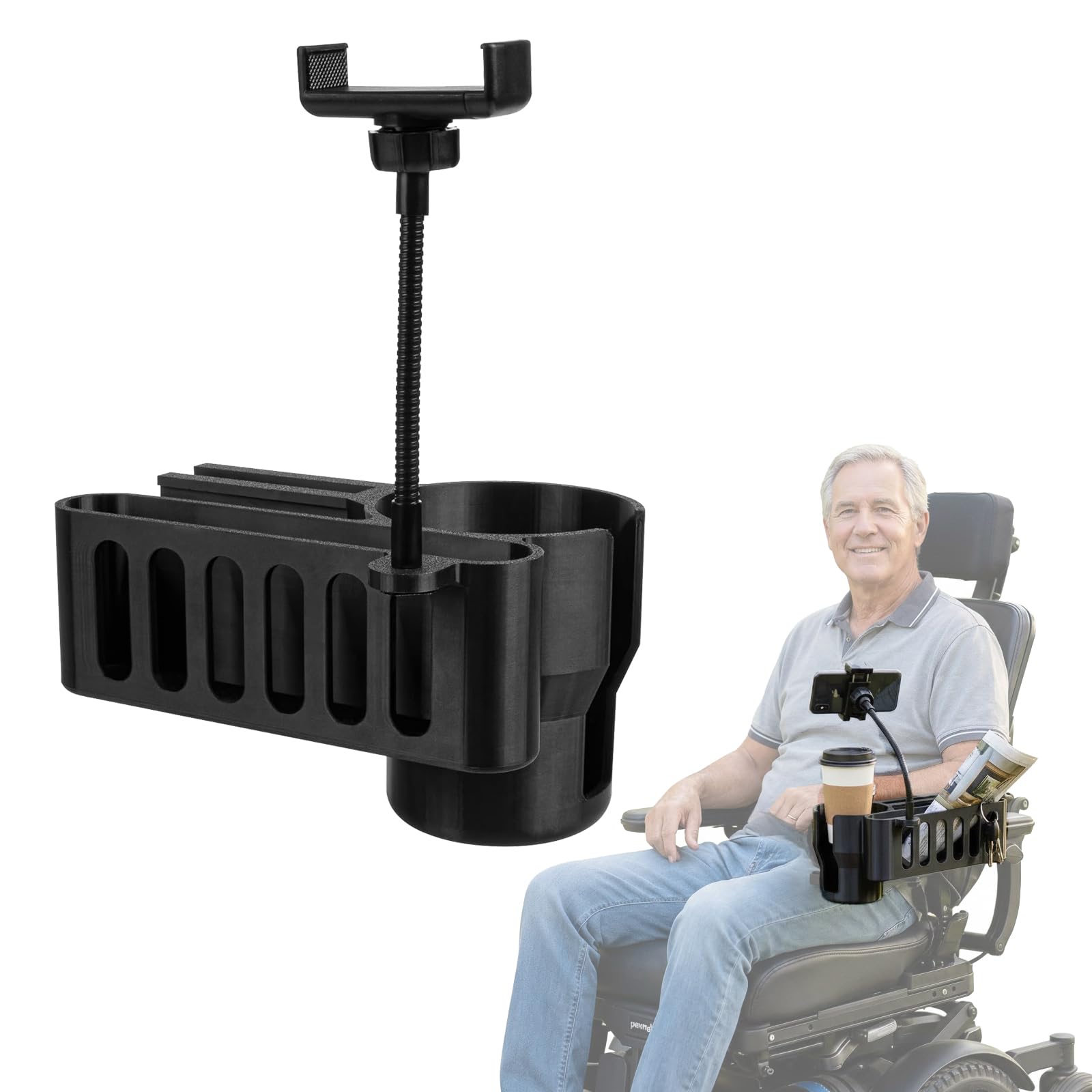 Photo 1 of 3-in-1 Cup Holder with Phone Holder Storage Basket for Permobil Power Wheelchairs – Fits M300, M3, M1, F3, F5, K300 PS – Easy Slide-On Installation
