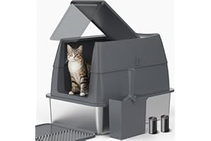 AIPERRO Enclosed Stainless Steel Cat Litter Box with Lid, FILP-Top High Sided Enclosure Metal Litter Boxes with Scoop Set for Big Cats, Non-Sticky, Anti-Leakage, Easy Cleaning,Transparent Grey