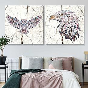 2 Panel Square Canvas Wall Art - Tribal Birds Wood Effect Canvas - Giclee Print Gallery Wrap Modern Home Art Ready to Hang - 12"x12" x 2 Panels