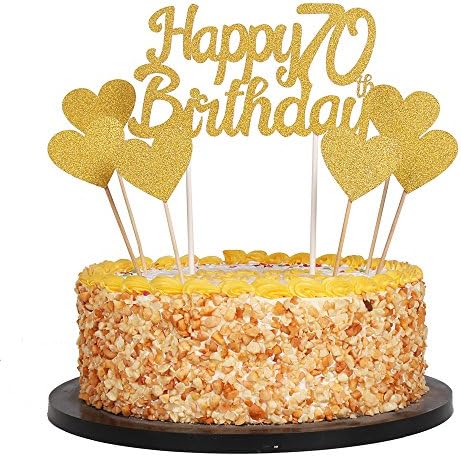 QIYNAO Gold Glittery Happy Birthday Cake Toppers and love star Cake Smash Birthday Party Decorations, Candle Alternative Set Of 7 (70th)