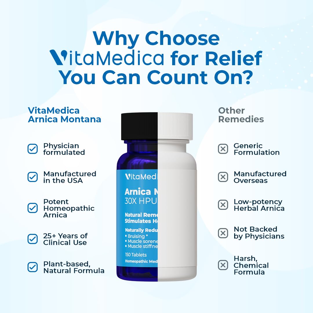 VitaMedica Arnica Montana 30X Rapid Dissolve Arnica Tablets for Natural Pain, Bruising, and Swelling Support - Homeopathic Medicine for Injury and Surgery Recovery - 150 Ct - 50 Servings