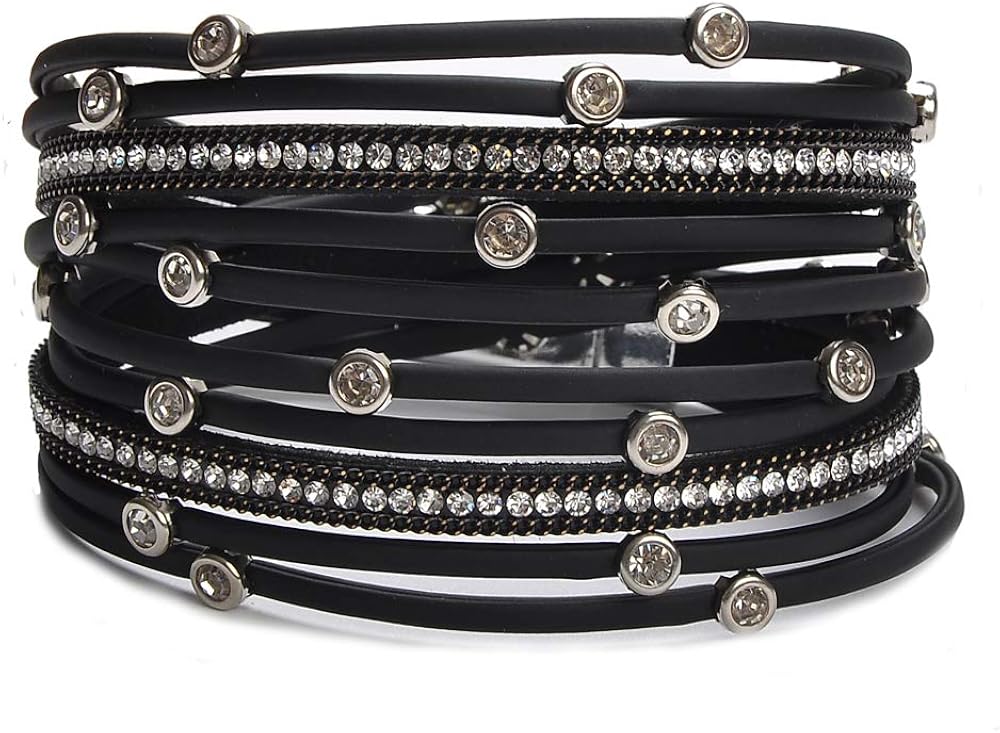 TASBERN Women Leather Wrap Bracelet in Goldplated Metallic Crescents and Crystal Cuff Jewelry for Ladies Girls (TAS012-Black): Jewelry