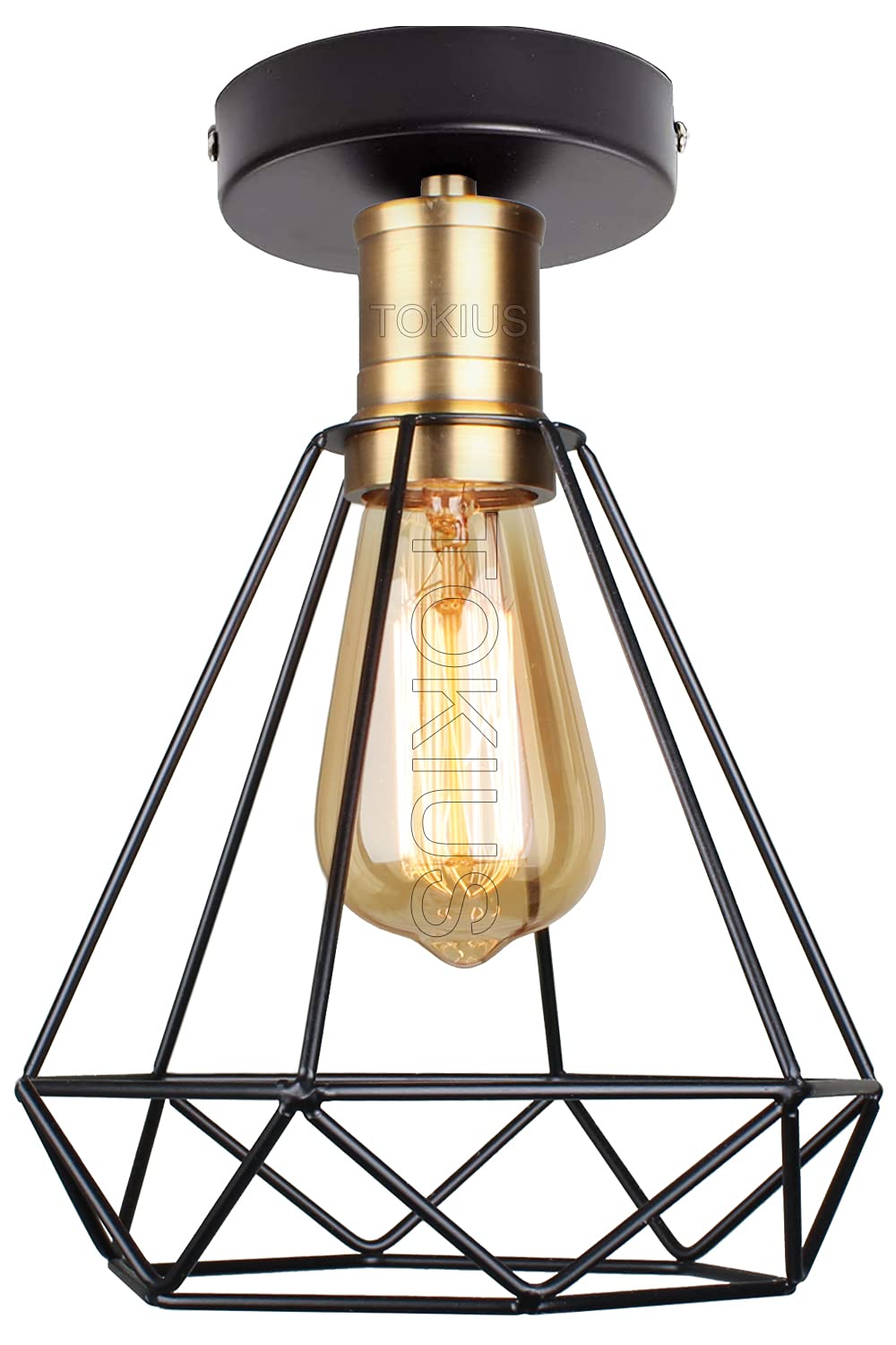 TOKIUS Industrial Ceiling Lights, Vintage E27 Pendant Light Fixture Metal Geometric Cage Lampshade Black Ceiling Light Fitting for Bedroom Living Room (# Ceiling Lamp 20cm)
