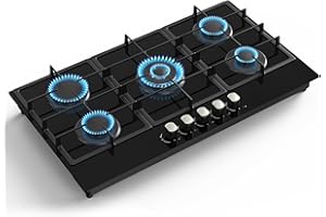 Nafewin 36 Inch Gas Cooktop Propane Stove, 5 Burner Built-in Gas Stove Top with Tempered Glass Panel, NG/LPG Dual Fuel Auto Ignition Propane Cooktop with Thermocouple Protection