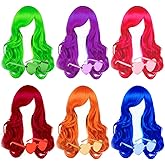 SHENJIPPC Long Colored Wigs - 6 Pack Wavy Neon & Curly Color Wigs for Women - Come with Extra Neon Glasses - Bachelorette Party Favors (Blue, Green, Orange, Purple, Pink, Wine Red)