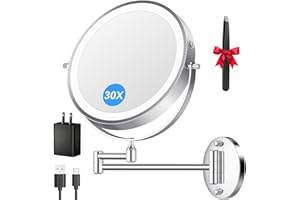 Auxmir 5000mAh Rechargeable Wall Mounted Makeup Mirror, 1X/30X Double-Sided Magnifying Mirror with Light, 9" Lighted Vanity M