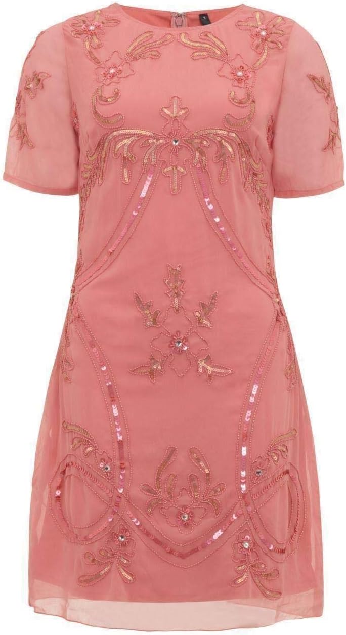 Love Camden Womens 1920's Flapper Gatsby Charleston Coral Embellished Sequin Beaded Short Sleeve Chiffon Dress