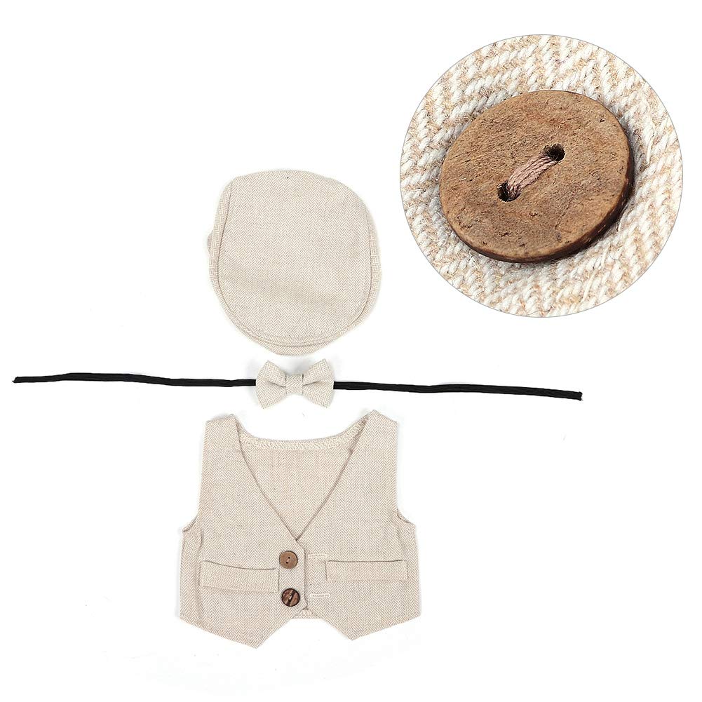 Newborn Baby Bowtie Knitted Photography Costume Infants Boys Photography Props with Gentleman Flat Hat for Babies from 0-1 Months (Beige)