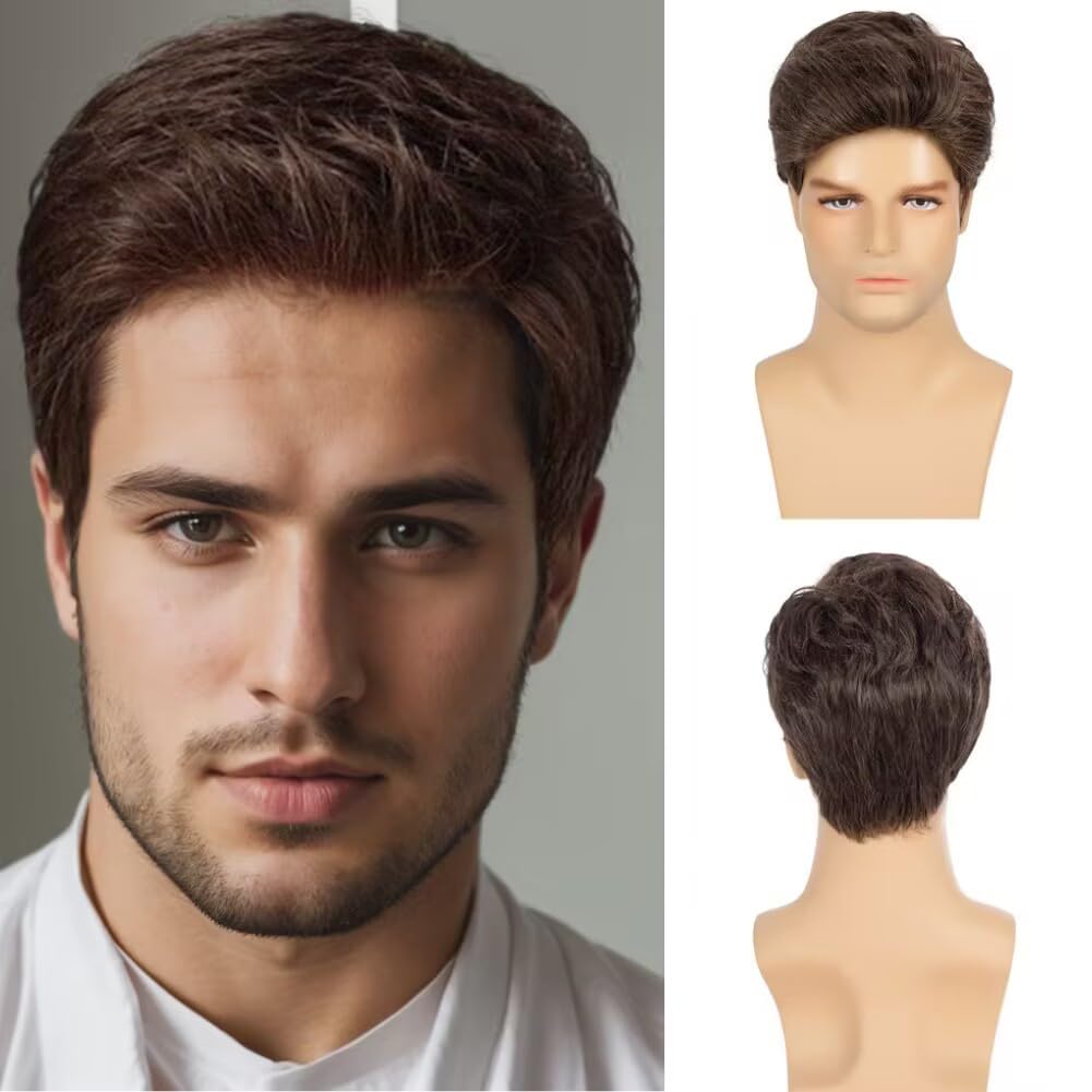 Photo 1 of Swiking Brown Wigs for Men Short Layered Cosplay Costume Party Natural Hair for Male Guy Synthesis Full Wig (Brown)