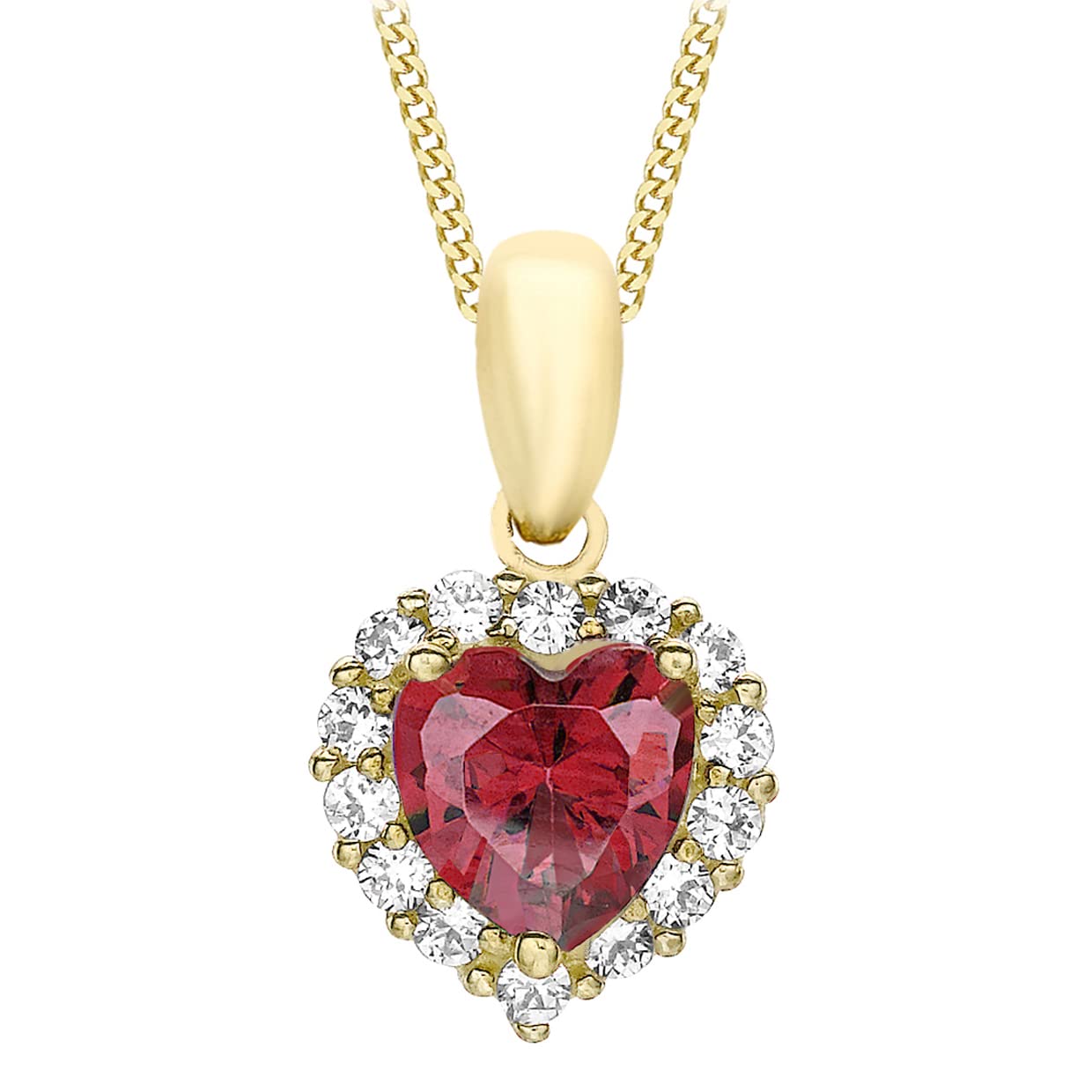 CARISSIMA Women's 9ct Yellow Gold Red and White Cubic Zirconia Heart Pendant on Curb Chain Necklace of 46cm