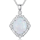 MOTIEL Oval Opal with Genuine Diamond Pendant Necklace 925 Sterling Silver Dainty White Opal Necklace Anniversary Birthday Jewelry Gifts for Women Her