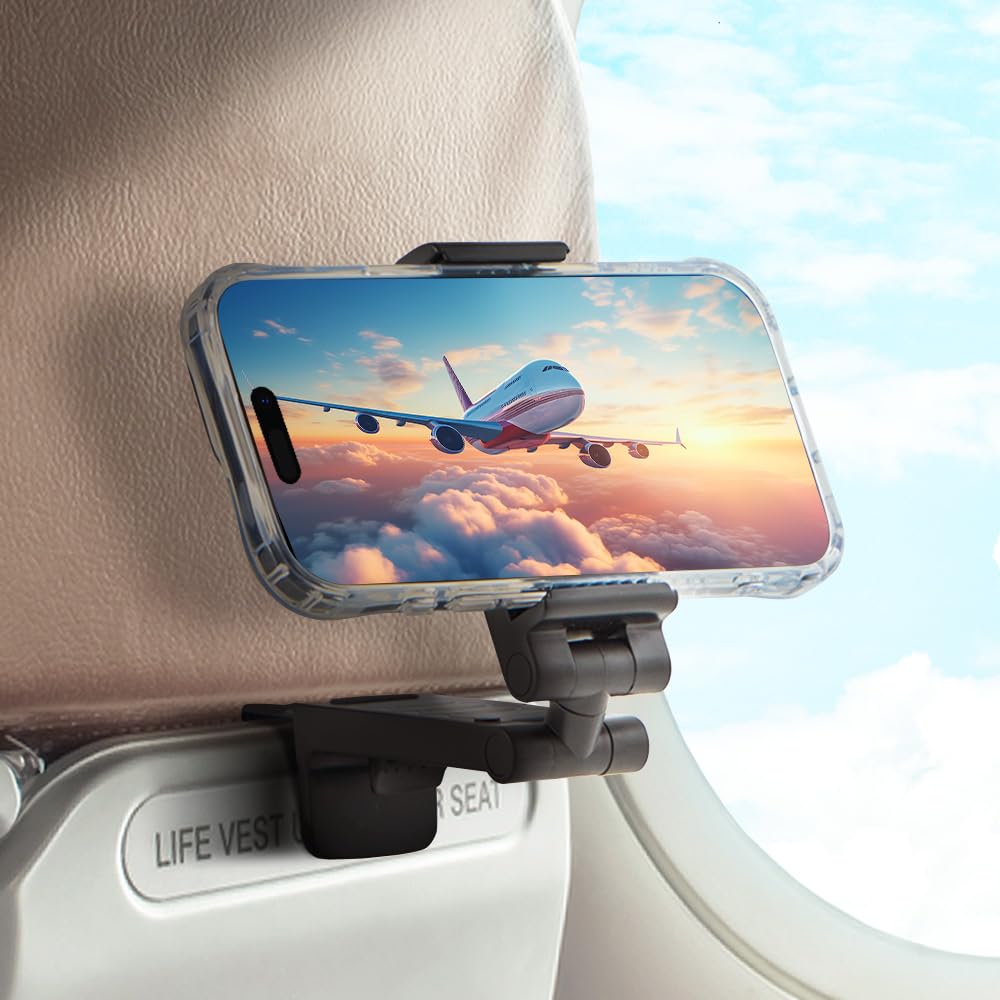 Photo 1 of Golifyne Universal Airplane Phone Holder Mount, Handsfree Travel Essential with 360° Adjustable Clamp for Smartphones, Pocket-Sized Phone Stand Accessories for Flying Seat Backs and Tray Tables, Black