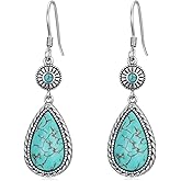 BETHZA Genuine Turquoise Earrings 925 Sterling Silver Turquoise Teardrop Dangle Hook Earrings Native American Western Bohemian Jewelry Gifts for Women