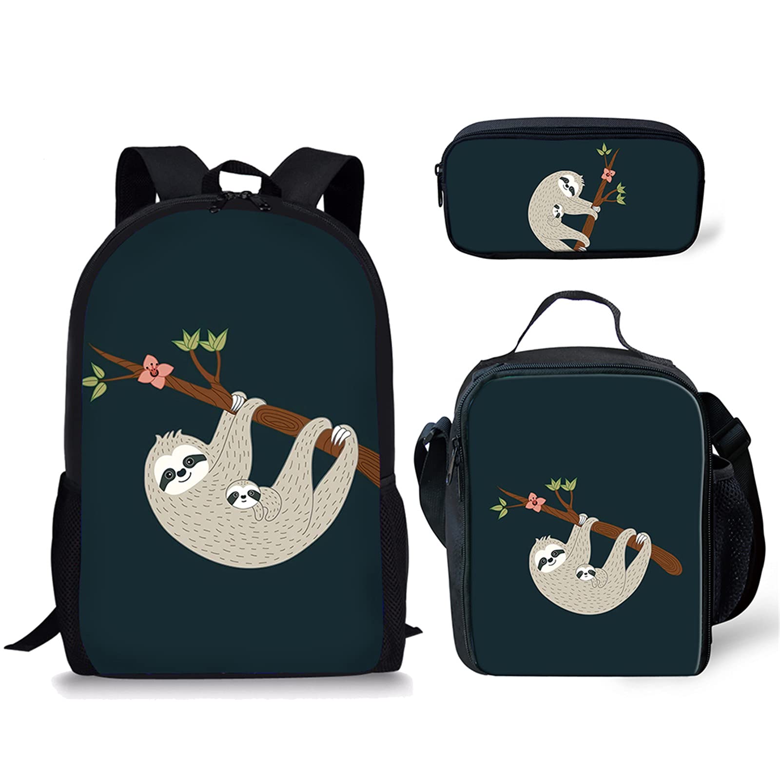 NETILGEN Sloth Baby Backpack Set Insulated Animal Cute Rucksack Kids School Bookbag + Sloth Lunch Bag Lunchbox Pack with Holder + Pencil Case 3 Pieces
