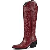 wetkiss Cowboy Boots for Women Knee High Cowgirl Boots, Western Boots with Floral Embroidered Pointed Toe Chunky Heel Pull On Retro Vintage Classic Tall Boots for Ladies
