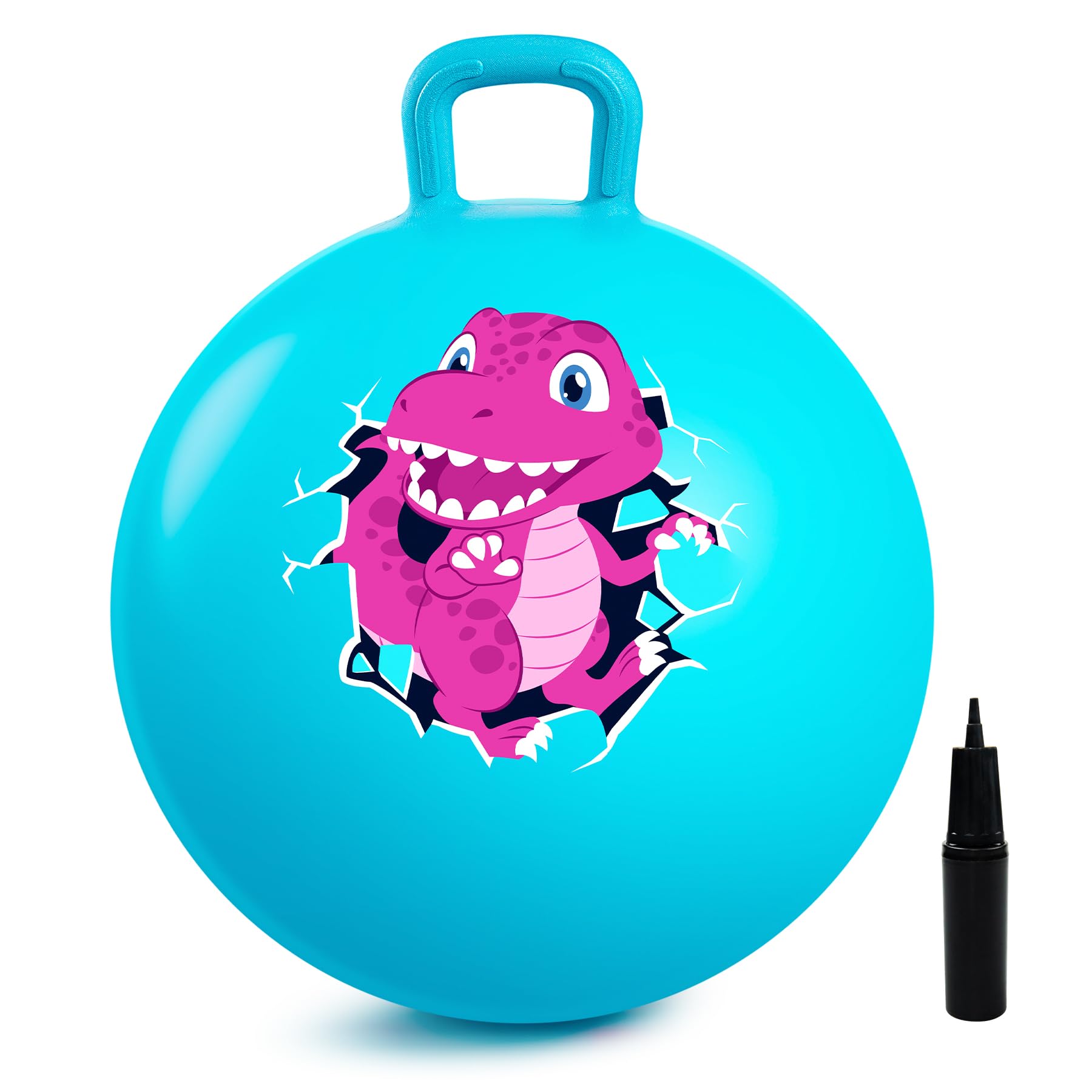 INPODAK 18inch Space Hoppers for Kids Age 3-8 Blue Dinosaur Space Hopper Anti-slip Hopper Ball with Handle Inflatable Jumping Balls with Handpump Jumping toy for Boy Girls Indoor Outdoor Garden Game