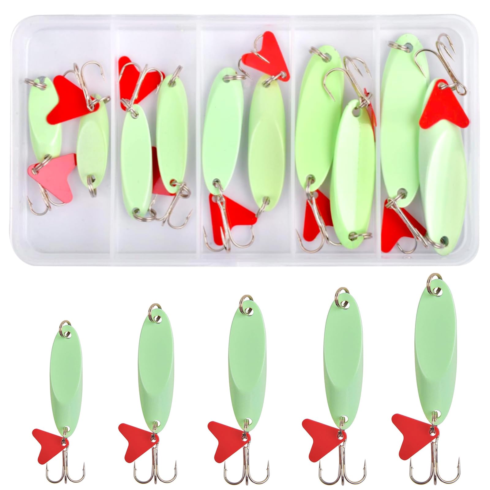 Luminous Fishing Spoon Lures Kit 10pcs Metal Casting Spoon Lures with Treble Hook Glow Hard Baits Fishing Sequin Lures for Salmon Bass Trout Size 5g-21g